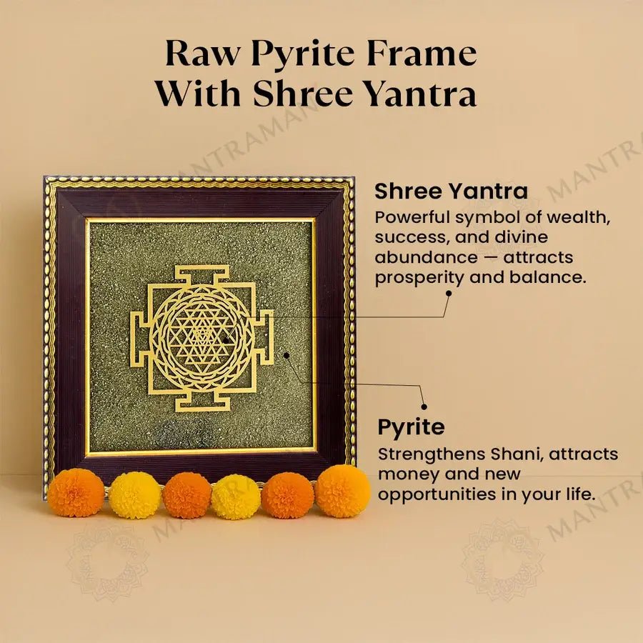 MantraMani Shree Yantra Raw Pyrite Frame for Wealth Manifestation with FREE Raw Pyrite Stone - Energized Vedic Gemstone ...