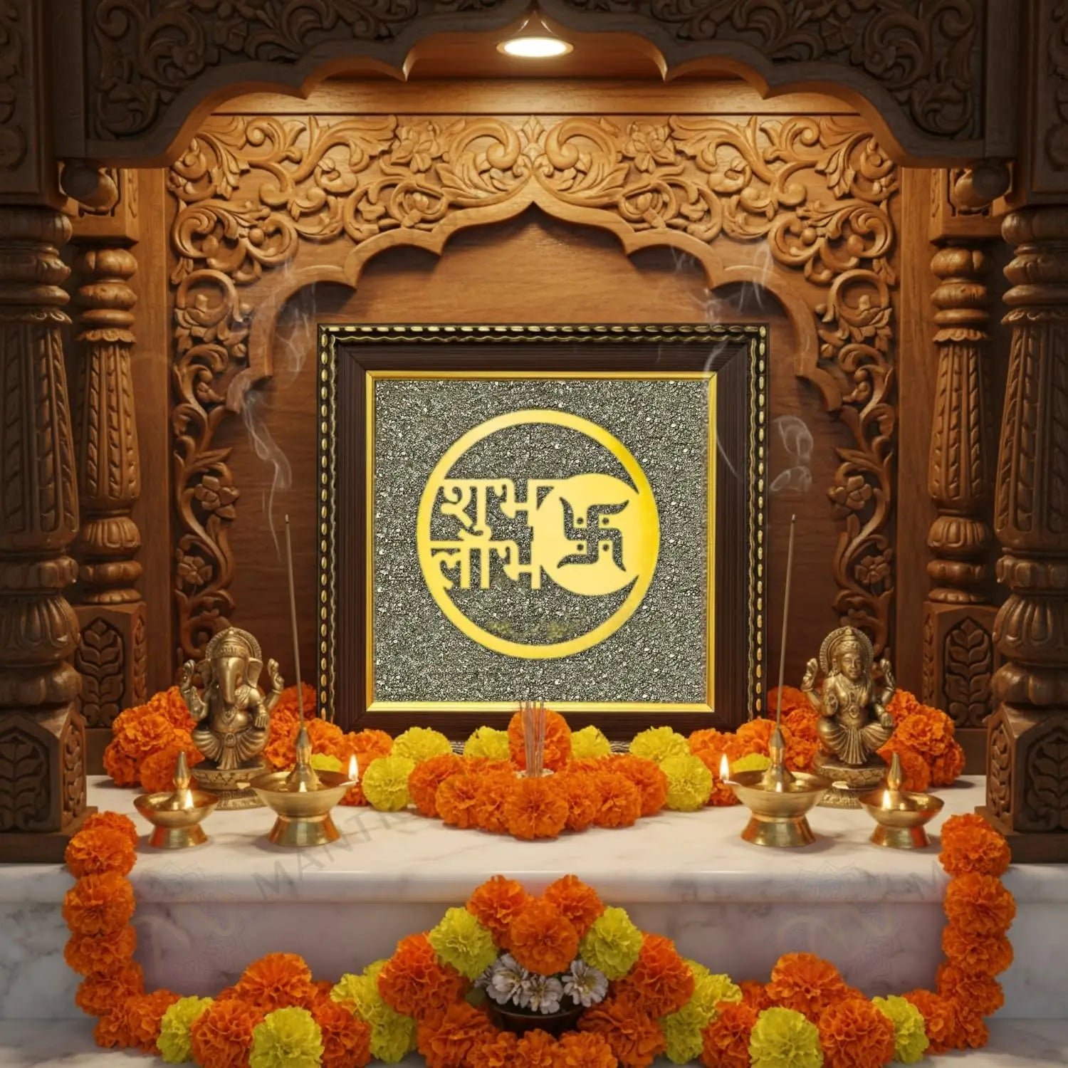 MantraMani Shubh Labh Raw Pyrite Frame - Swastika Symbol for Prosperity