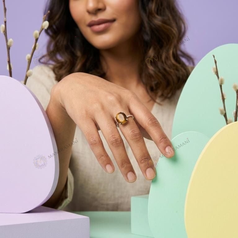 MantraMani Tiger Eye Ring: Enhances Focus and Decision - Energized Vedic Gemstone Jewelry - MantraMani