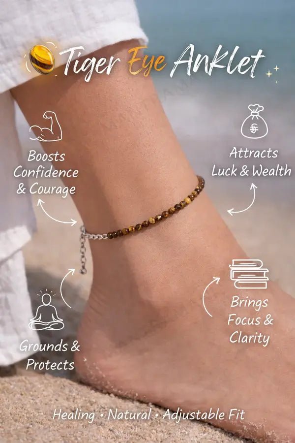 MantraMani Tigers Eye Anklet - Energized Vedic Gemstone Jewelry - MantraMani