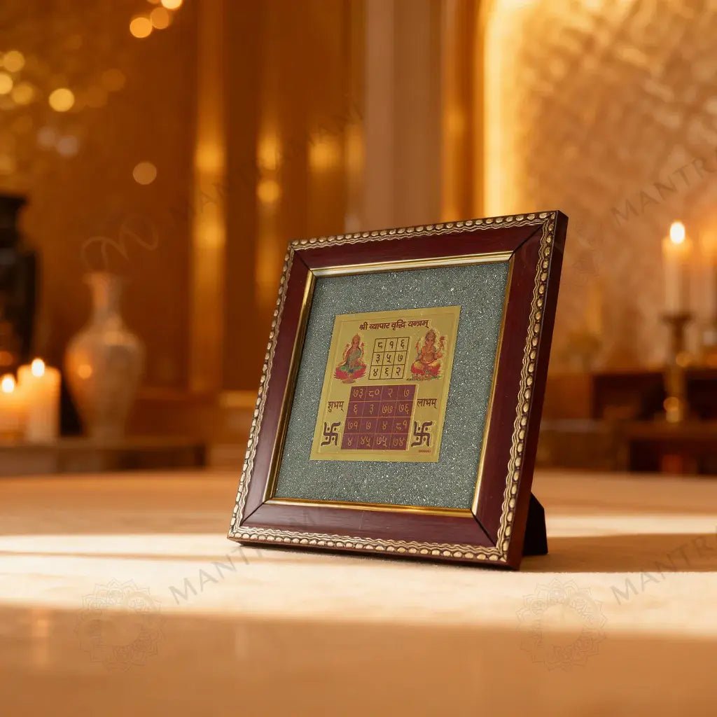 MantraMani Shree Vyapar Vridhi Yantra on Raw Pyrite Frame - Energized Vedic Gemstone Jewelry - MantraMani