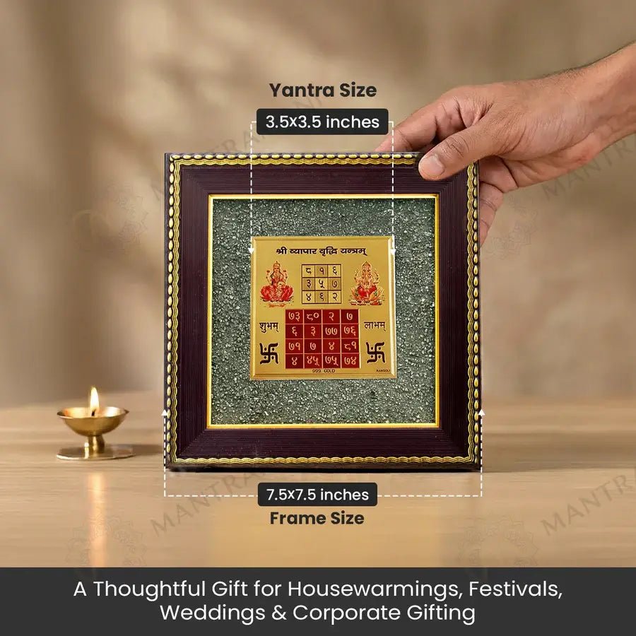 MantraMani Shree Vyapar Vridhi Yantra on Raw Pyrite Frame - Energized Vedic Gemstone Jewelry - MantraMani