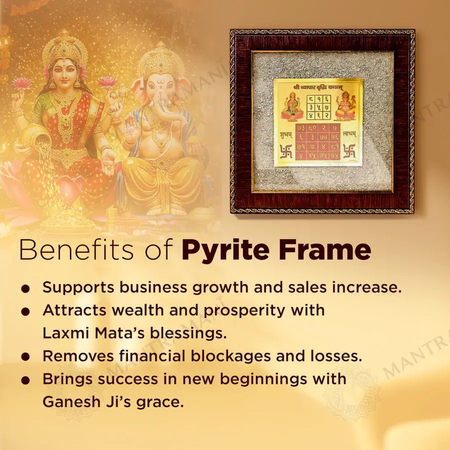MantraMani Shree Vyapar Vridhi Yantra on Raw Pyrite Frame - Energized Vedic Gemstone Jewelry - MantraMani