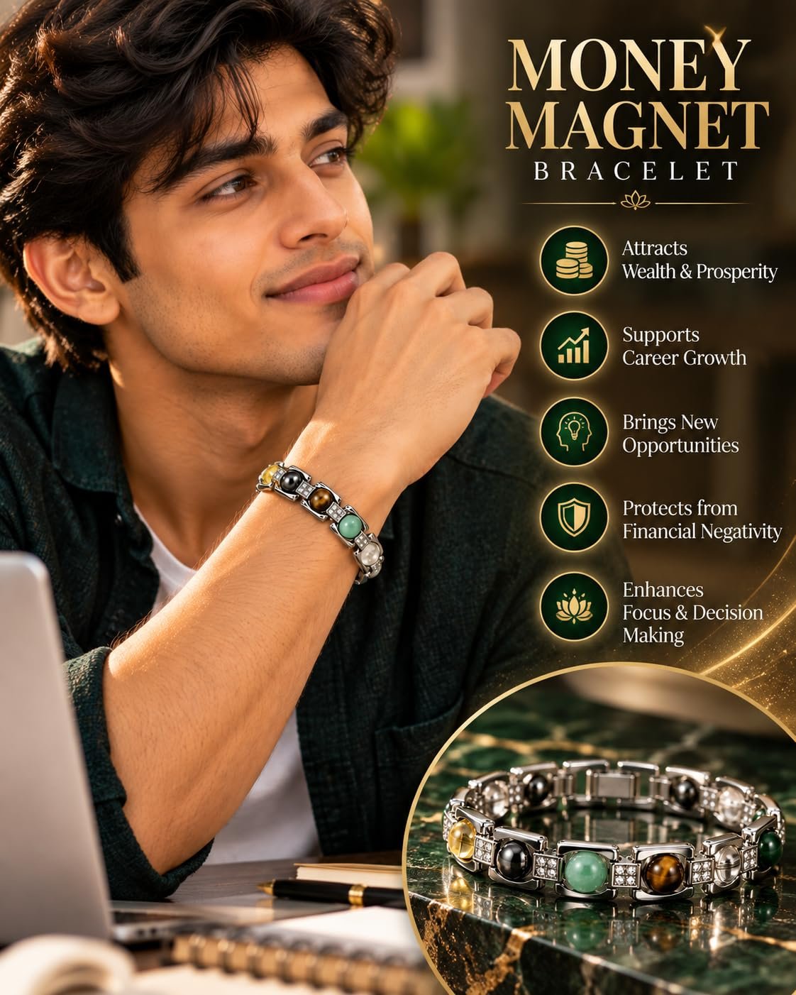 MantraMani® Dhan Vriddhi® Money Magnet Steel Bracelet | AAA+ Genuine Gemstone