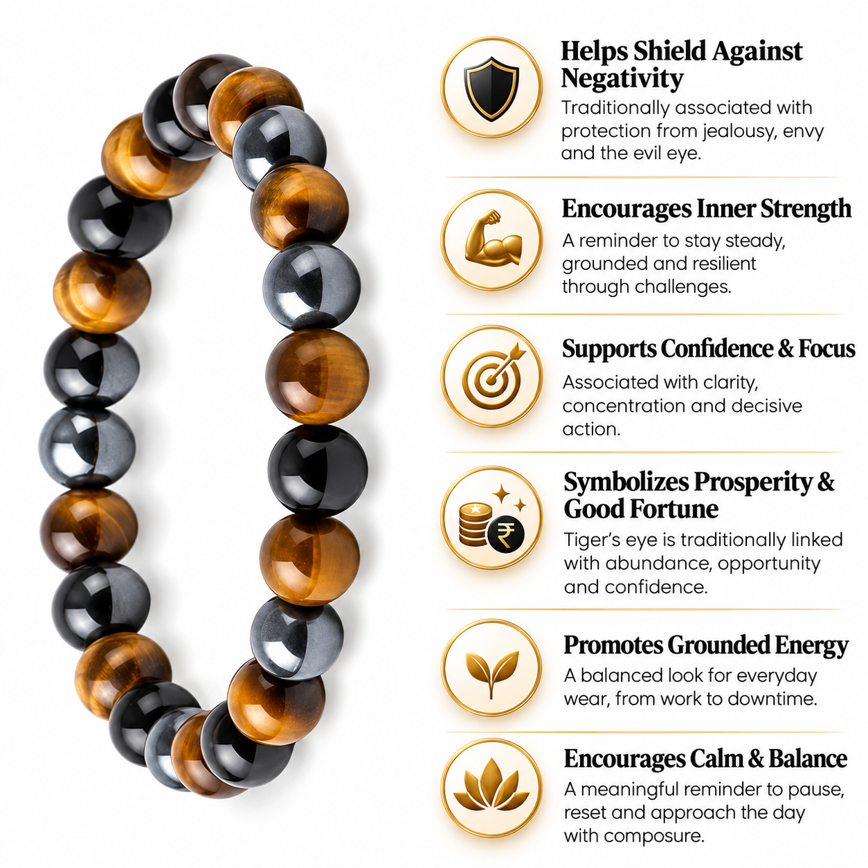 MantraMani® Triple Protection Bracelet – Natural Black Obsidian, Tiger's Eye & Hematite (8mm)